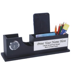 Personalized Gift, Name Printed, Wooden Pen Stand Clock. (Black & Silver)