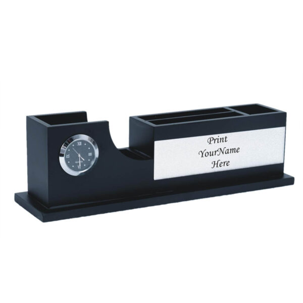 AMI-16 Personalized Gift, Name Printed, Wooden Pen Stand Clock. (Black & Silver)
