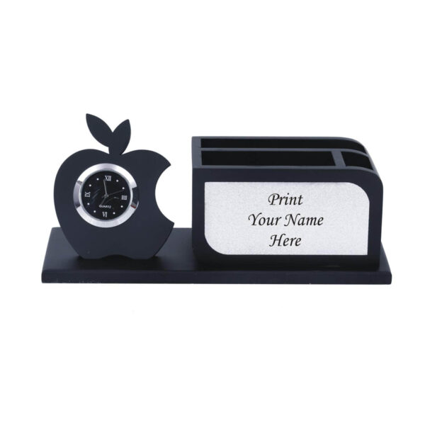AMI-41 Personalized Gift, Name Printed, Wooden Pen Stand with Clock, Mobile, Card Holder (Black & Silver)