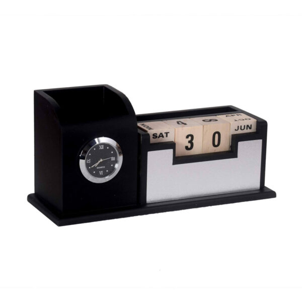 Personalized Gift, Name Printed, Wooden Pen Stand Clock With Calendar