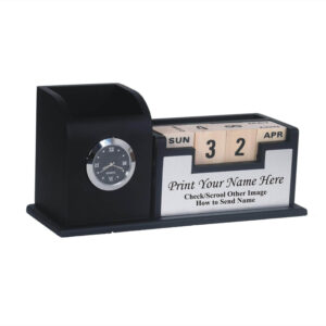 Personalized Gift, Name Printed, Wooden Pen Stand Clock With Calendar