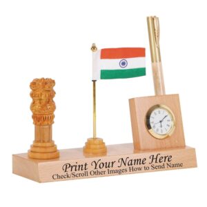 Customized, Personalized Gifts, Name Printed, Pen Stand Wooden Handmade Pen Holder Ashoka Pillar Indian Flag With Wooden Pen & Clock For Office Desk