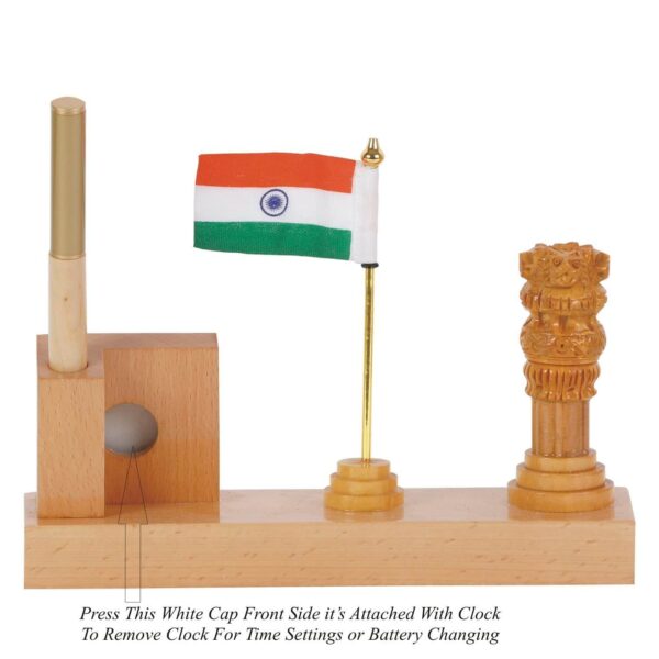 AMI-82 Customized, Personalized Gifts, Name Printed, Pen Stand Wooden Handmade Pen Holder Ashoka Pillar Indian Flag With Wooden Pen & Clock For Office Desk