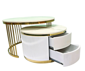 2 Pieces white Round Nesting Metal with Wooden Coffee Table