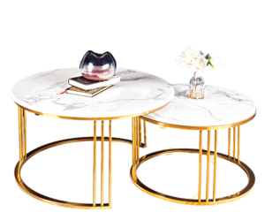 Set of 2 Round Nesting Coffee or side table -Gold Metal Frame with solid white marble