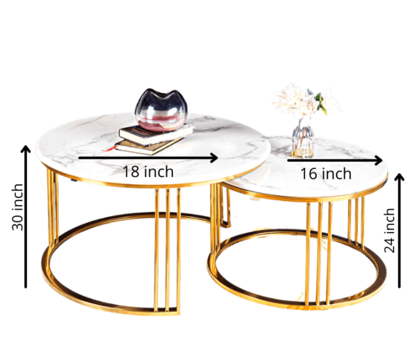 AMI-A71 Set of 2 Round Nesting Coffee or side table -Gold Metal Frame with solid white marble