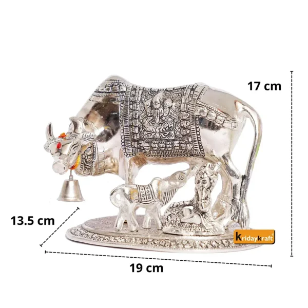 MG0006B Metal Kamdhenu Cow & Calf with Bal Gopal Krishna Statue for Good Luck (Silver, 19 x 13.5 x 17 cm)