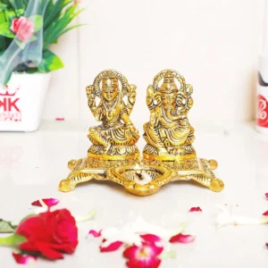 MG0013A White Metal Gold Plated Diwali Laxmi Ganesh Chocki God Idol with Metal om Shape Incense Stick Holder