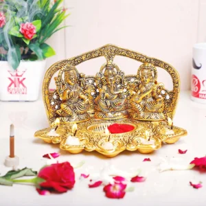 MG0018A Laxmi Ganesha Saraswati Metal Statue with Diya,Laxmi Ganesha Murti for Pooja & Decor Your Home,Religious Showpiece,Gift Article for Diwali...