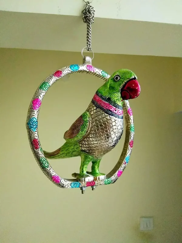 White Metal Green Showpiece Hanging Parrot with Chain (24 x 7.5 x 21 cm, 910 g, 50cm, Silver)