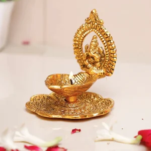 Aluminium Metal Ganesh Diya with Swastik Engraved in Hand Hath Deepak Ganesh Gold Plated (10.2 cm x 10.2 cm x 11.5 cm,),