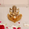 Metal Lord Ganesha On Leaf with Diya Idol for Pooja Room Showpiece for Room,Office & Table,car and Gift for Have Anniversaries, Birthday.