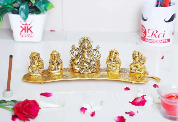 MG0062A White Metal Gold Plated Ganesha on Leaf with Musical Instrument Metal Statue for Pooja,Home & Office Décor Ganesha Murti Idol,Showpiece Figurines,Religious Idol Decorative Gift Article...