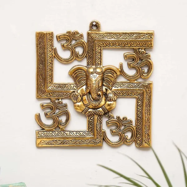 MG0070A Ganesha Metal Statue,Ganpati Wall Hanging Sculpture,Metal Swastik Ganesha Murti Lucky for Home & Office,Religious Showpiec Gift idol on Diwali,Birthday,Wall Decorative Feng Shui Article...
