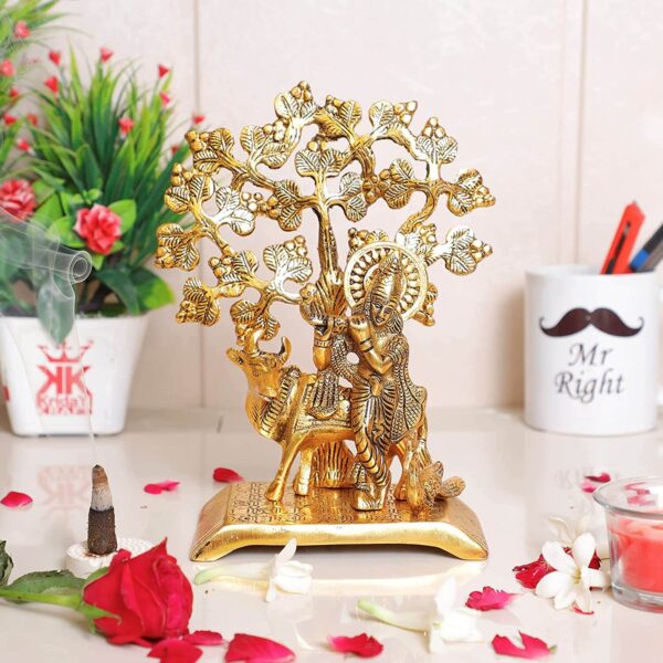 MG0085A Metal Krishna Idol Statue with kamdhenu Cow Standing Under Tree Showpiece Figurine for Pooja Room & Gift,Decorative Religious Statue for Home,Office & Table...