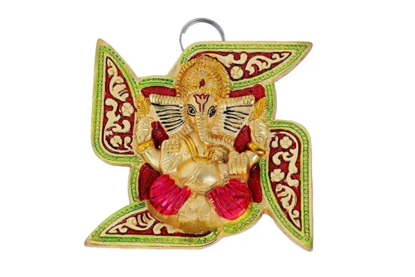 Lord Ganesha on Swastik for Door Hanging with Colorful Meenakari Work Article Wall Hanging - 5 inches