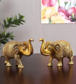 Metal Elephant Statue Medium Size Gold Polish 2 pcs Set for Showpiece Your Home,Office Table & Gift Article,Animal Decorative Showpiece Figurines.