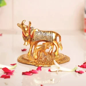 Gold Color Kamdhenu Cow with Calf Standing Metal Statue,Gau MATA Murti Lucky for Home,Office,Animal Showpiece & Decorative Gift Idol...