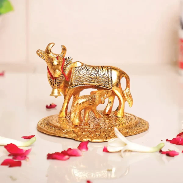 Gold Color Kamdhenu Cow with Calf Standing Metal Statue,Gau MATA Murti Lucky for Home,Office,Animal Showpiece & Decorative Gift Idol...