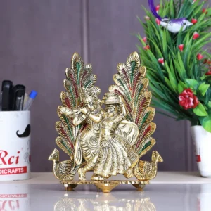 Radha Krishna Metal Statue with Diya for Pooja, Peacock Design Decor Your Home,Office,Religious Showpiece Figurines,God Idol Gift Article.