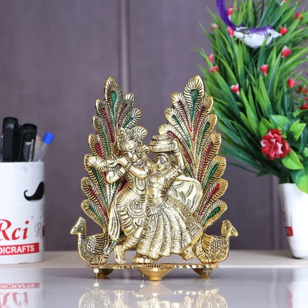 MG0118A Radha Krishna Metal Statue with Diya for Pooja, Peacock Design Decor Your Home,Office,Religious Showpiece Figurines,God Idol Gift Article.