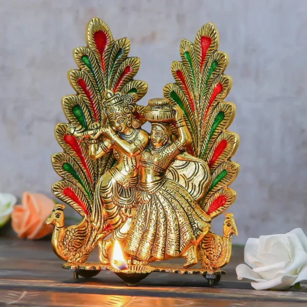 MG0118B Radha Krishna Metal Statue with Diya for Pooja, Peacock Design Decor Your Home,Office,Religious Showpiece Figurines,God Idol Gift Article.