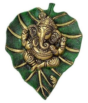 Multicolour Handmade Decorative Feng Shui Metal Pan Leaf Hanging Ganesh Ji Statue (Green Color)
