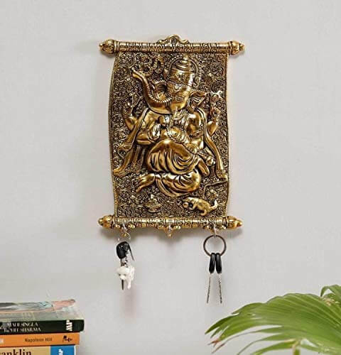 MG0121A Aluminium Calendar Ganesha ji Key Holder Decorative for Wall (Golden)