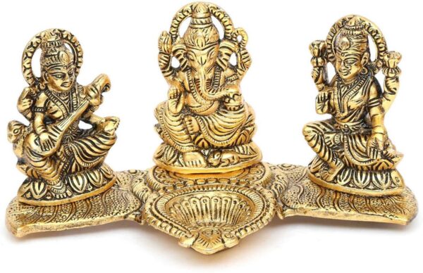 Laxmi Ganesh Saraswati Idol Decorative Platter with Diya and agarwati Stand Diwali Gift