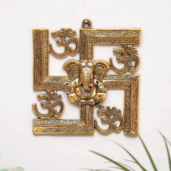 MG0129A Ganesha Metal Statue,Ganpati Wall Hanging Sculpture,Metal Swastik Ganesha Murti Lucky for Home & Office,Religious Showpiec Gift idol on Diwali,Birthday,Wall Decorative Feng Shui Article