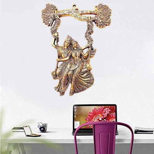 MG0135A Radha Krishana Murti on Swing Jhula Metal Statue Gold Antique Finish So Looks Very Beautiful for Decor Your Home,Office Walls,Showpiece Figurines,Religious Idol Gift Article.