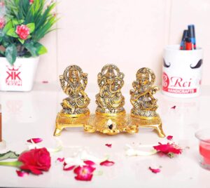 Laxmi Ganesh Saraswati Metal Idol Decorative Platter with Diya (Gold)