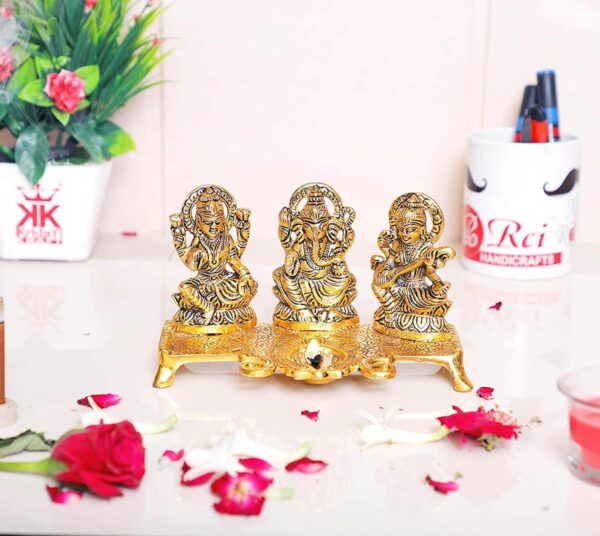 Laxmi Ganesh Saraswati Metal Idol Decorative Platter with Diya (Gold)