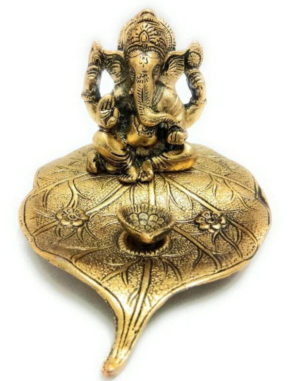 MG0138A Metal Ganesha Sitting on Leaf Patta with Diya Deepak Home Office Temple Pooja/Festival Good Luck/Wishes/Diwali/Gifting Ganesh Gold Polish Leaf for Home Decor and Gift Purpose.(12 x12 x 8 cm)