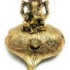 MG0138B Metal Ganesha Sitting on Leaf Patta with Diya Deepak Home Office Temple Pooja/Festival Good Luck/Wishes/Diwali/Gifting Ganesh Gold Polish Leaf for Home Decor and Gift Purpose.(12 x12 x 8 cm)