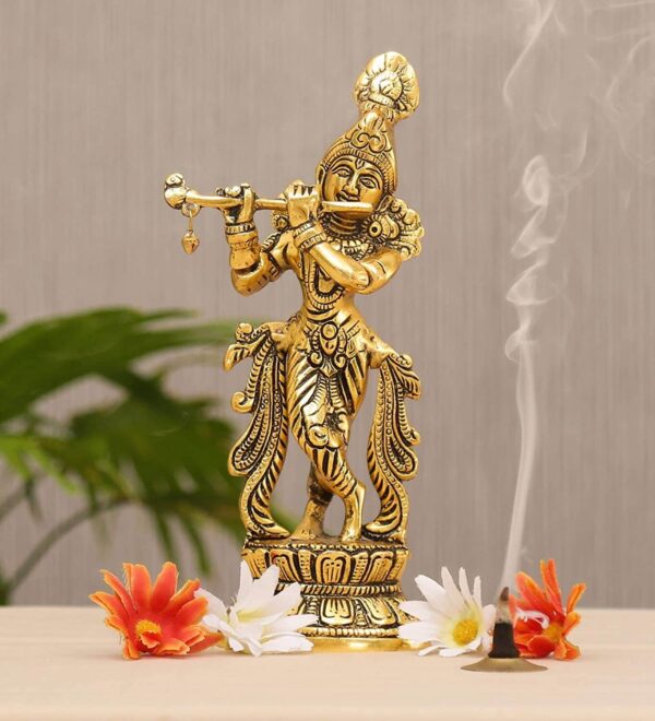MG0141A Lord Krishna Metal Statue,Krishna Murti Playing Flute for Temple Pooja,Decor Your Home,Office & Gift Your Relatives,Showpiece Figurines,Religious Idol,Gift Article.