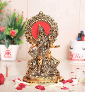 Gold Plated Maa Saraswati Metal Statue,Hindu Goddess Saraswati ji Murti for Pooja,Meditation,Office,Home,Study Table Decorative,Showpiece Figurines,Religious Idol Gift Article