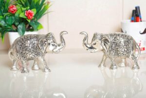 Elephant Metal Statue Small Size Silver Polish 2 pcs Set for Showpiece Enhance Your Home,Office Table Decorative & Gift Article,Animal Showpiece Figurines