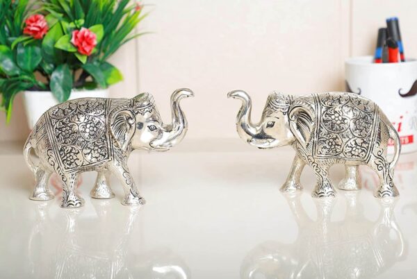 MG0154A Elephant Metal Statue Small Size Silver Polish 2 pcs Set for Showpiece Enhance Your Home,Office Table Decorative & Gift Article,Animal Showpiece Figurines