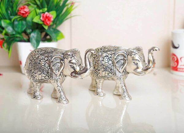 MG0154B Elephant Metal Statue Small Size Silver Polish 2 pcs Set for Showpiece Enhance Your Home,Office Table Decorative & Gift Article,Animal Showpiece Figurines
