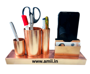Rose gold metal desk organizer mobile ,pen stand with business card holder