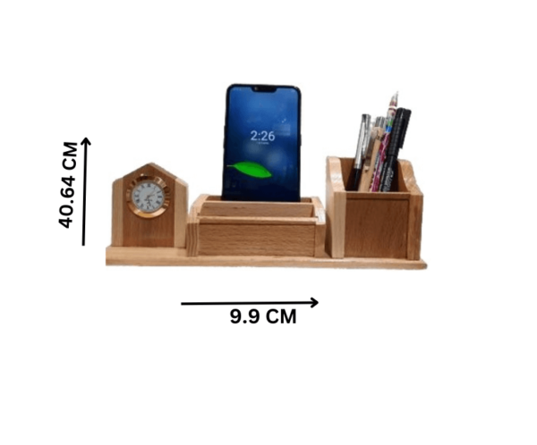 Wooden pen stand with clock and mobile stand