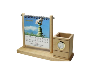 Wooden pen stand clock with calender for office