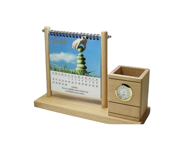 24 Wooden pen stand clock with calender for office