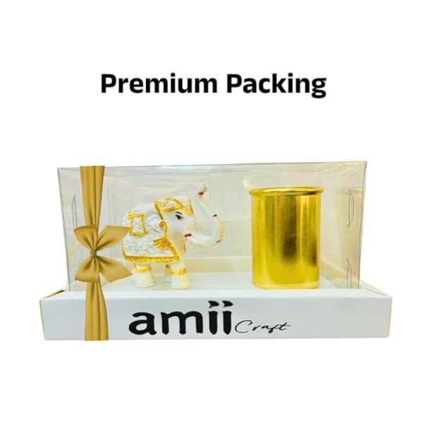 414ZFIDEw7L._SX679_.jpg amiicraft Decorative Elephant Pen Holder, White and Gold, Desktop Organiser with Metal Container