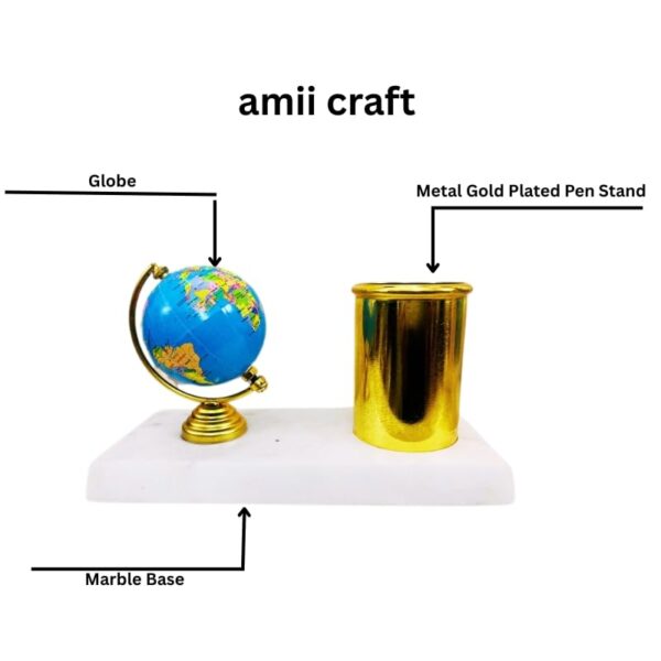 416uWz51T1L.jpg amiicraft Mable base with Gold Plated Pen Stand and samll Globe use for corporate gifting and office