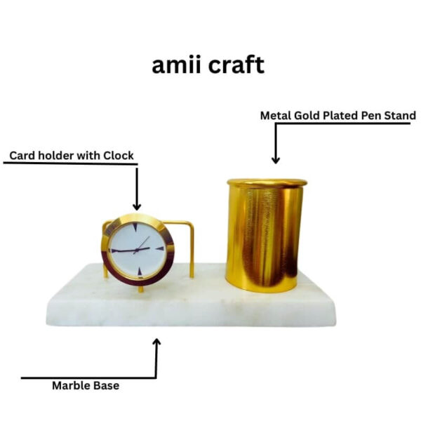 41LNEcKQQmL.jpg amiicraft Desk Organizer Set with Clock and Pen Holder, White Marble Base, Gold Metal Finish