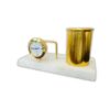 41W3Icc05BL._SX679_.jpg amiicraft Desk Organizer Set with Clock and Pen Holder, White Marble Base, Gold Metal Finish