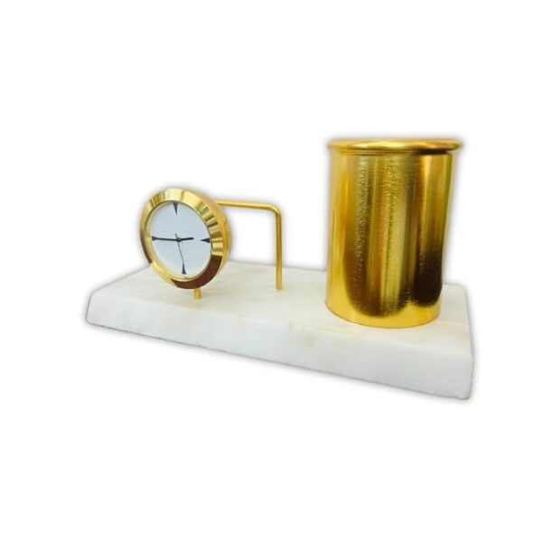 41W3Icc05BL._SX679_.jpg amiicraft Desk Organizer Set with Clock and Pen Holder, White Marble Base, Gold Metal Finish
