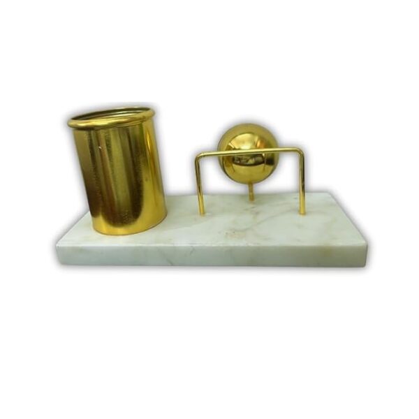 41XxCvNQFFL._SX679_.jpg amiicraft Desk Organizer Set with Clock and Pen Holder, White Marble Base, Gold Metal Finish